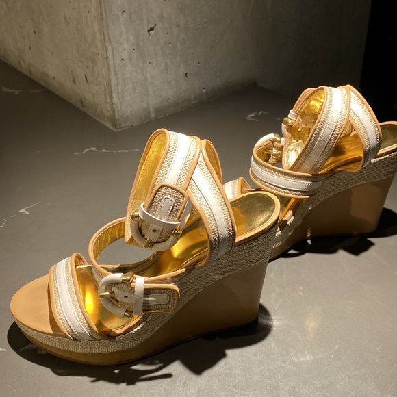 Coach Gold & White Woven Wedge Heels - Picture 5 of 11